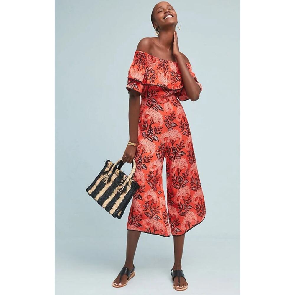 Anthropologie Kopal Biji Red Orange Floral Off Shoulder Wide Leg Jumpsuit S